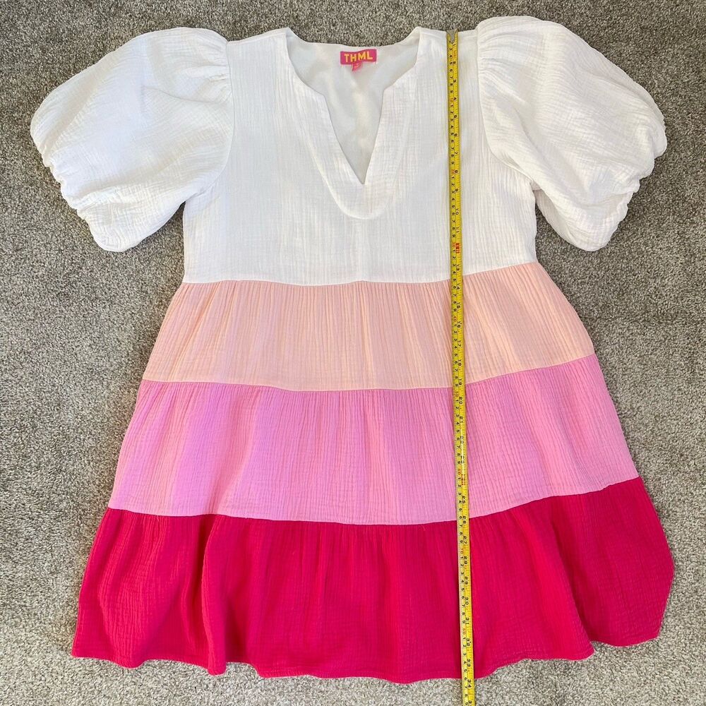 THML Women's Gauze Puff Sleeve Tiered Mini Dress M Resort Coastal Summer - Picture 9 of 14